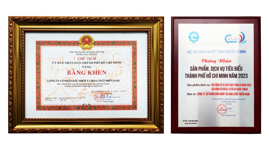 Bằng khen và Chứng nhận MiennamPetro đạt dạnh hiệu “Sản phẩm dịch vụ tiêu biểu TP.HCM” năm 2023